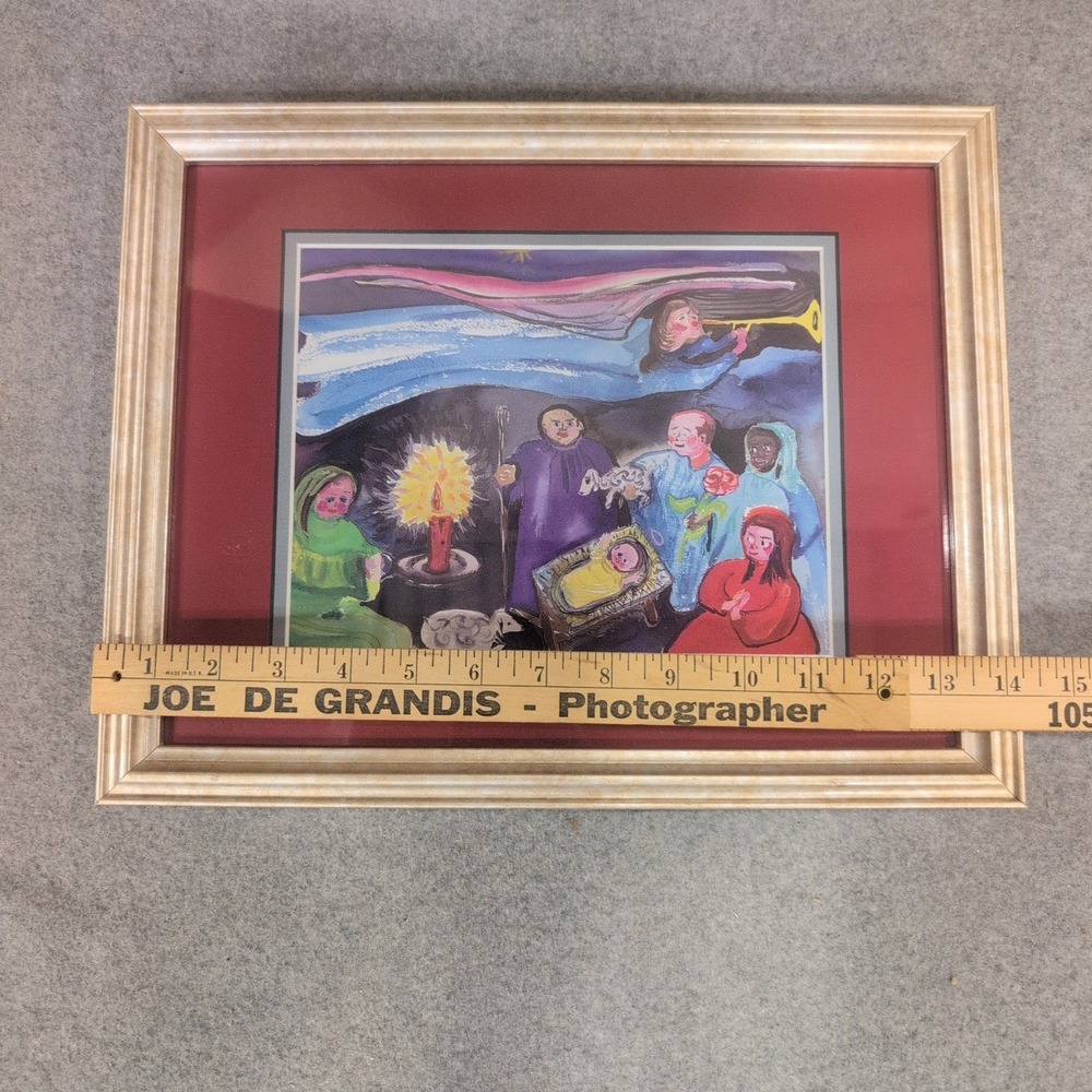Framed Nativity Scene Folk Art Print Christmas Decor Holy Family Angel Wall Art - Picture 2 of 4